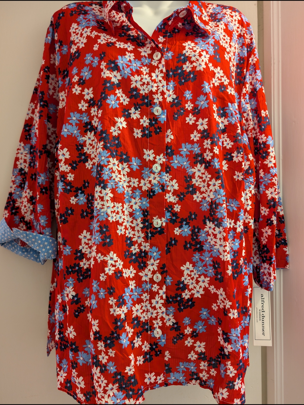 Alfred Dunner Red Floral Button-Up Blouse with Blue Trim. 3/4 Sleeve. 3x NWT